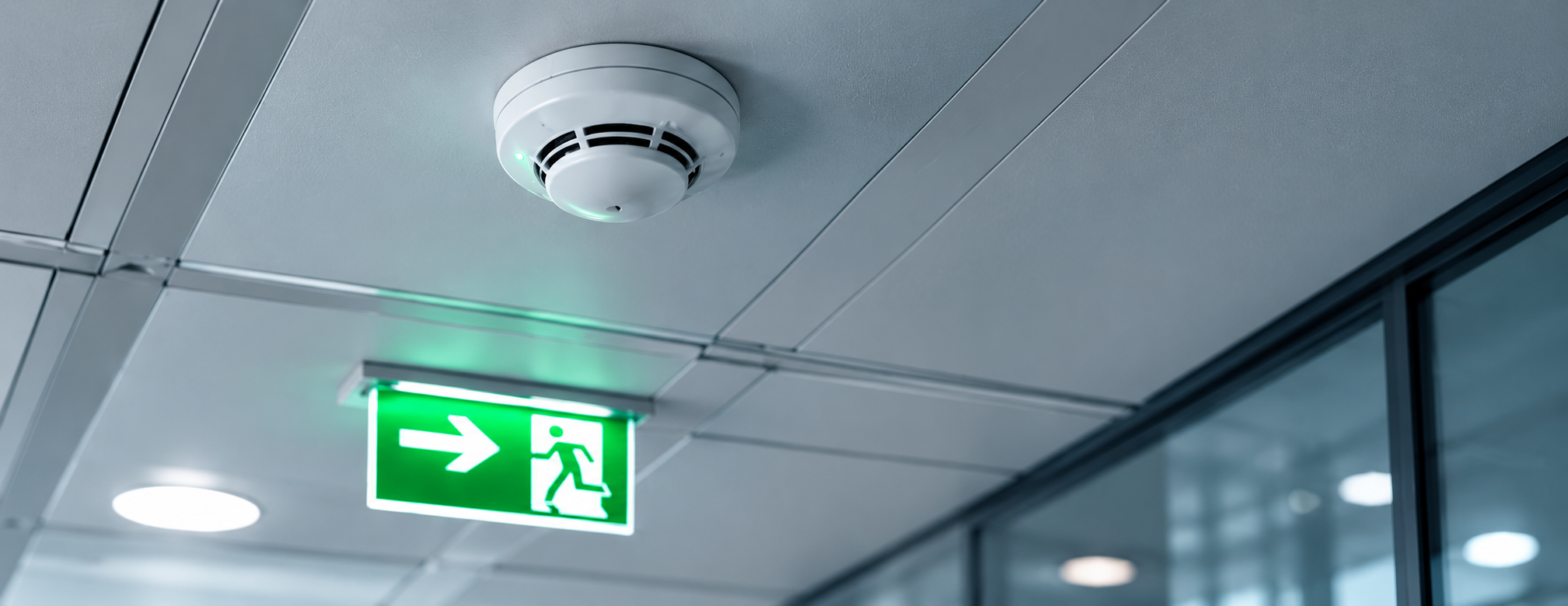 Brandschutztechnik mit Rauchmelder und Fluchtwegkennzeichnung
